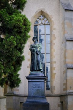 Statue of Ulrich Zwingli at the Water Church in Zurich Switzerland.