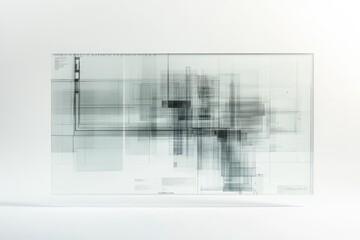 Fototapeta premium Abstract grayscale artwork on glass, featuring overlapping geometric shapes and lines, resembling a blueprint or technical drawing.