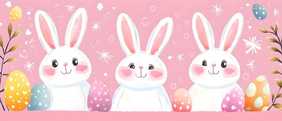 Three rabbits are sitting in a row, each with a different color