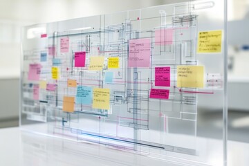 A transparent board displays a complex system design with numerous sticky notes adding details and annotations.