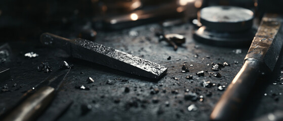 close up view of workbench showcasing various tools and metal shavings, highlighting artistry and precision involved in craftsmanship. scene evokes sense of dedication and skill in metalworking