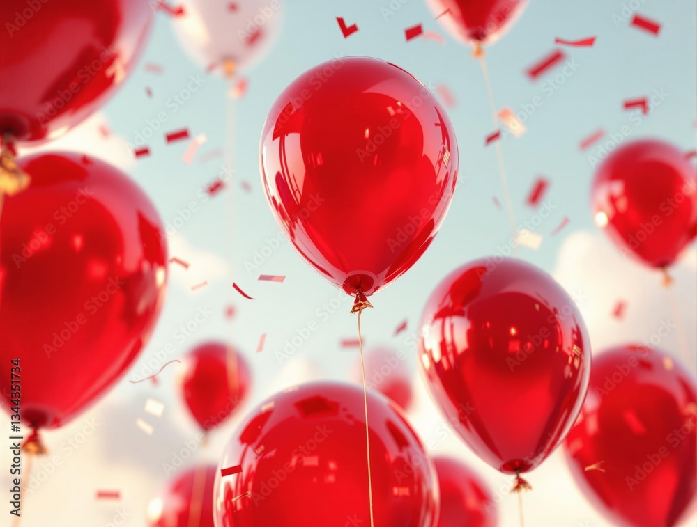 Poster a vibrant scene of red balloons floating amidst a flurry of confetti against a backdrop of a clear s