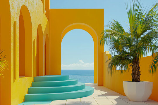Elegant tropical architecture with curved turquoise stairs yellow walls and ocean view under clear sky - Powered by Adobe