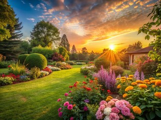 Obraz premium Serene Sunset Garden: Lush Flowers & Trimmed Lawn - Stock Photo