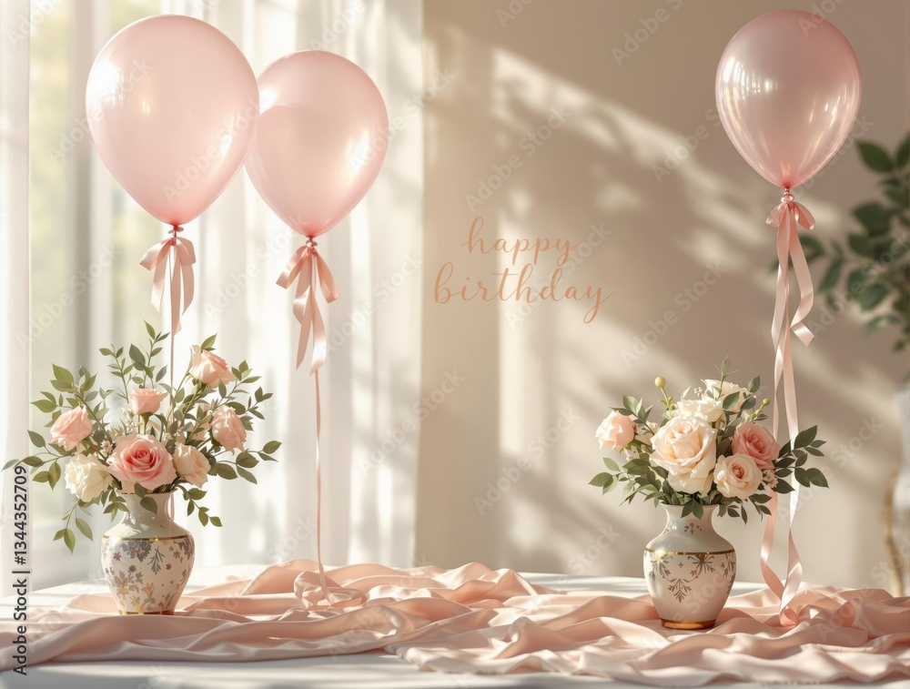 Aufkleber a room with a table adorned with three pink balloons tied with ribbons, two vases filled with flower