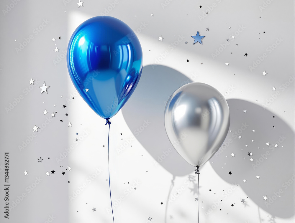 Poster a vibrant and festive scene featuring two glossy blue and silver balloons floating against a pristin