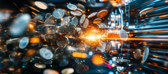 A collection of coins is depicted in motion, highlighting the importance of security and privacy in banking. The shield representation symbolizes protection in financial transactions.