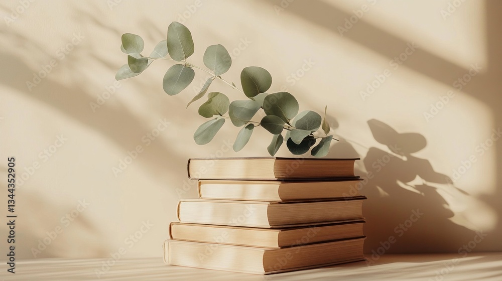 Poster Five neatly arranged books rest on a surface, complemented by a delicate eucalyptus sprig. Soft light filters through, creating gentle shadows and enhancing the serene atmosphere