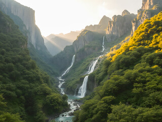 Mountain landscape with waterfalls and green forest at sunset, closeup of photo