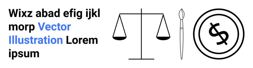 Scales of justice, paintbrush, and coin sign combined in minimal line art. Ideal for law, creativity, finance, balance, art, decision-making education abstract line flat metaphor