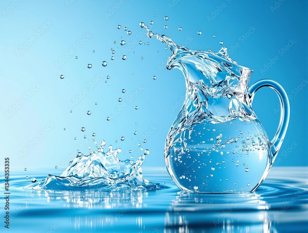 Poster a clear glass jug filled with water, suspended in mid-air, against a vivid blue background. the wate