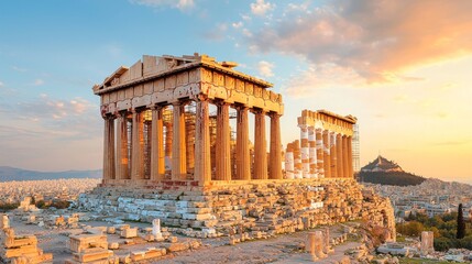 Obraz premium Majestic Parthenon Ancient Architecture in Athens Greece Captivating Landscape Views at Sunset