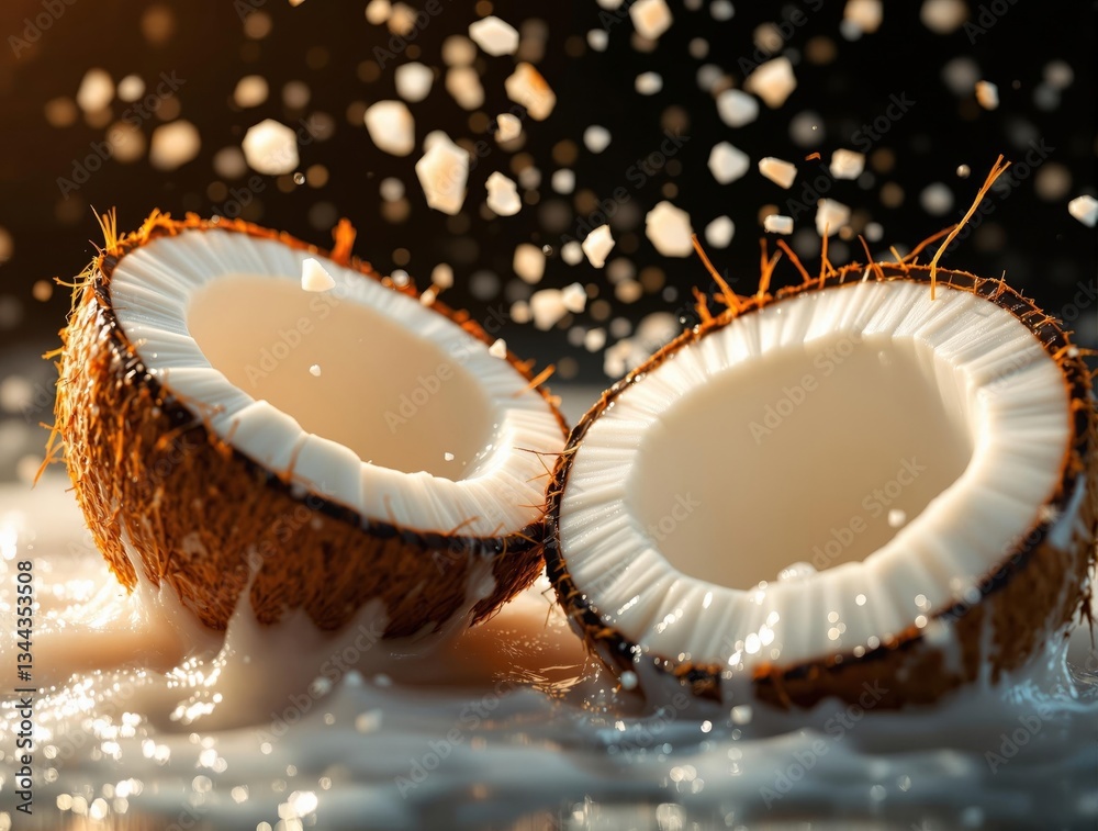Poster A close-up shot of two halved coconuts with milk splashing out of them, set against a blurred background with a bokeh effect.