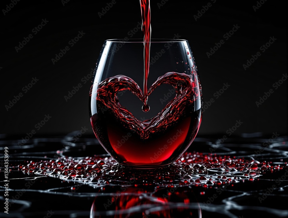 Poster a glass of red wine with a heart-shaped liquid being poured into it, set against a dark background w