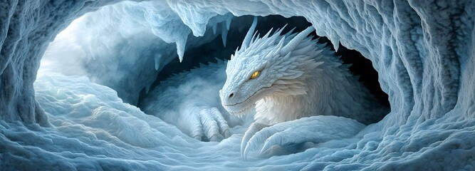 A colossal ice dragon emerging from a frozen cave, frost covering its massive wings