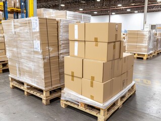 Transportation, truck delivery and moving box. Stacks of cardboard boxes on pallets in a warehouse setting, ready for distribution.