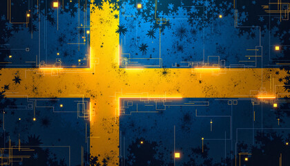 Futuristic Sweden flag with digital grid overlays, technology symbolism