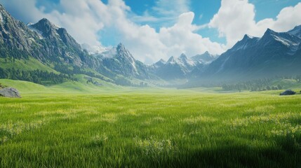 Fototapeta premium Serene Mountain Meadow, Breathtaking Vista of Majestic Peaks and Lush Greenery