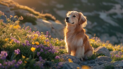 Golden Retriever Enjoying Sunset in Mountain Wildflower Meadow Serenity