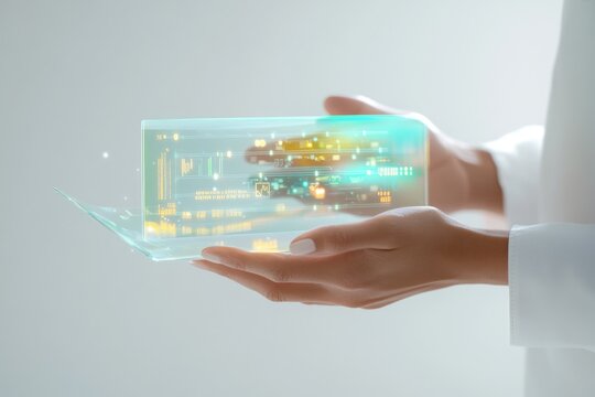 Woman's hands hold a transparent futuristic device displaying data streams and graphs.