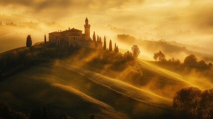 Tuscan Sunrise Castle, Majestic Foggy Hills