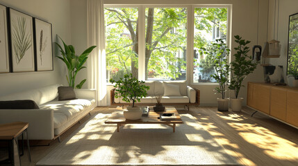 Fototapeta premium bright and airy living room features large windows with view of greenery outside. space is adorned with plants, modern furniture, and natural light, creating serene atmosphere