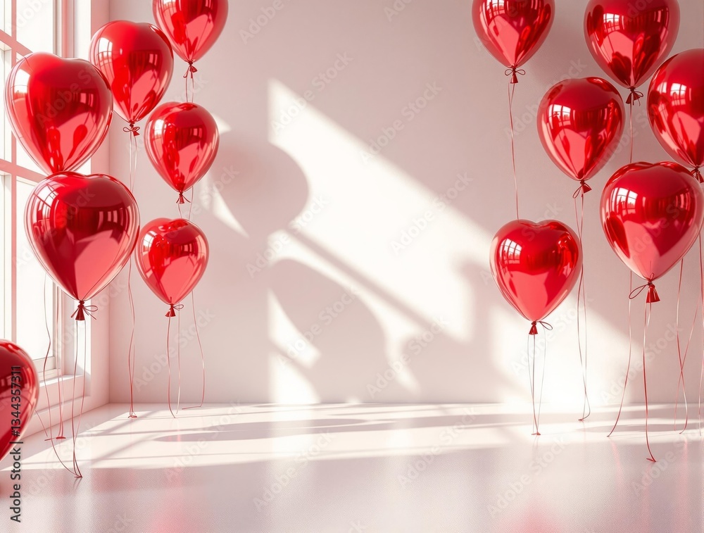 Poster a room with a white wall, a window to the left, and a floor at the bottom. hanging from the wall are
