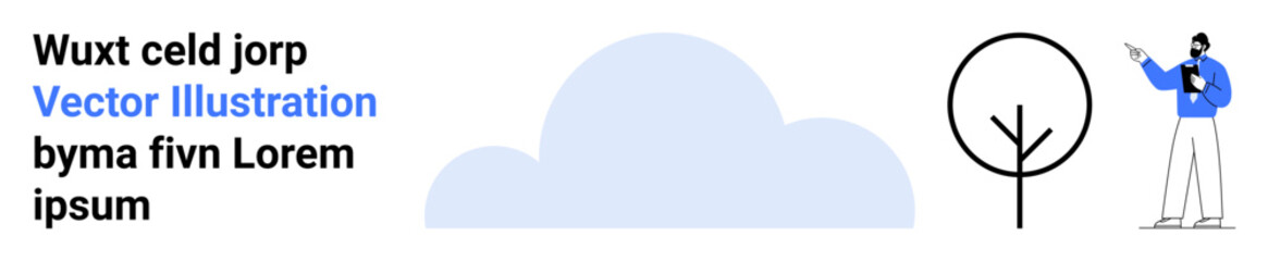 Minimalist tree, cloud, and character pointing at the tree. Ideal for nature, environment, sustainability, outdoor activities, growth, education simple landing page