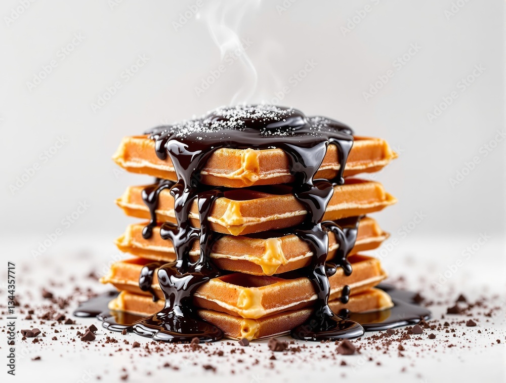 Poster A stack of golden-brown waffles generously drizzled with a dark chocolate sauce, creating a visually appealing contrast against the white background.