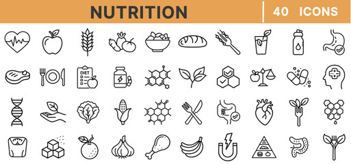 Nutrition Outline Icon Set – 40 Editable Vector Icons of Healthy Food, Vitamins, Supplements, Hydration, Organic Ingredients, Balanced Diet, and Wellness