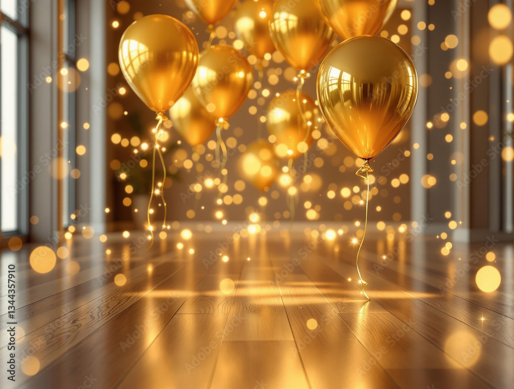 Poster a room with a polished wooden floor, illuminated by a soft, ambient light that casts a warm glow on 