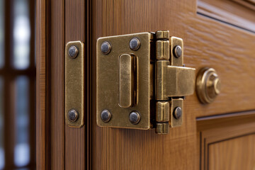 Obraz premium close up view of brass hinge attached to wooden door, showcasing its intricate design and craftsmanship. warm tones of wood complement metallic finish, creating classic and elegant appearance