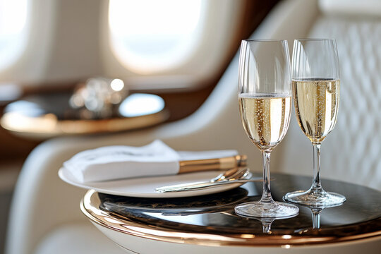 Enjoying champagne in first class