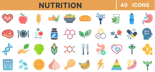 Obraz premium Nutrition Icon Set – 40 Flat Vector Icons of Healthy Food, Vitamins, Supplements, Hydration, Organic Ingredients, Balanced Diet, Wellness, and Fitness