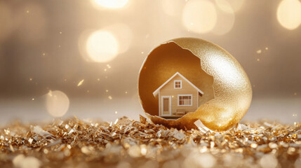 golden egg cracked open reveals tiny house model inside, symbolizing new beginnings and dreams. shimmering background adds magical touch to this enchanting scene