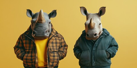 Rhino Duo in Trendy Attire: Two anthropomorphic rhinos, stylishly dressed in modern jackets, pose confidently against a vibrant backdrop, blending animal charm with contemporary fashion.