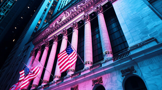 image showcases government building with financial elements, illuminated in vibrant colors, creating dynamic atmosphere