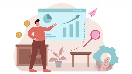 Professionally discuss business growth, business people analyze business graphs, business intelligence, graph analytics, business development strategy, and finance management animation concepts.