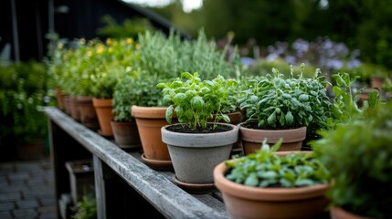 Lush green herbs in pots on a rustic wooden shelf showcase a vibrant garden scene, ideal for gardening articles, wellness content, or culinary promotions focused on fresh ingredients,