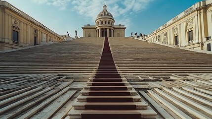 A grand staircase leading to a large domed building under blue skies