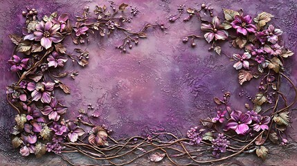 Floral arrangement of pink clematis, vines against a purple wall. Art for home