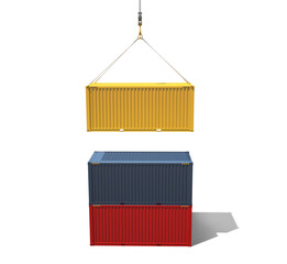 Unloading shipping containers and stacking them to create a wall of containers. Isolated on a white background. 3d illustration.
