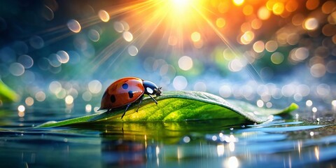 Silhouette Ladybug on Wet Leaf - Macro Nature Photography