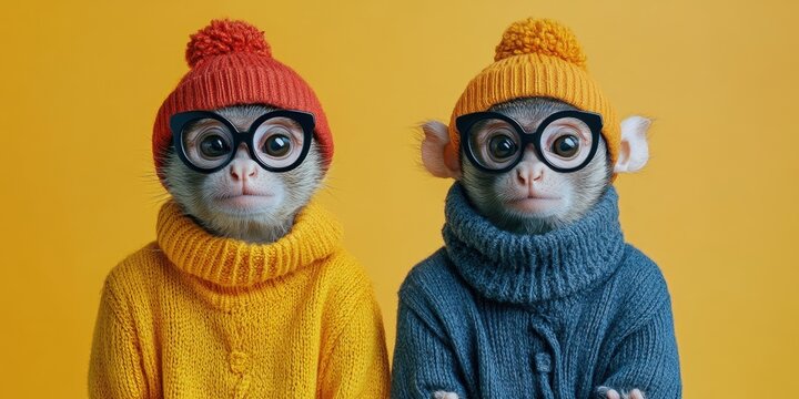 Smart Monkey Duo: A pair of playful monkeys, fashionably dressed in stylish winter hats, cozy sweaters and round glasses, pose playfully.