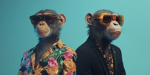 Chimpanzee Duo: Two stylish chimpanzees, clad in sunglasses and fashionable attire, exude an aura of modern elegance. The apes strike a pose against a vibrant background.