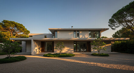 Sprawling Minimalist Architectural House With Stone Facade Trees And Gravel Ground In Daylight
