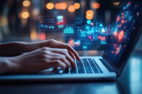 Data analysis on laptop.  Hands typing on laptop with holographic data visualizations