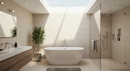 Modern Bathroom Interior with Bathtub Shower and Skylight for Relaxation