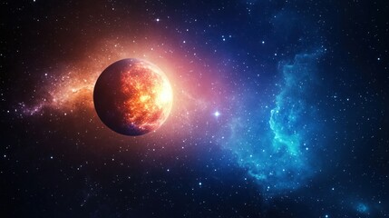 Fiery Planet in Outer Space with Glowing Galactic Nebula