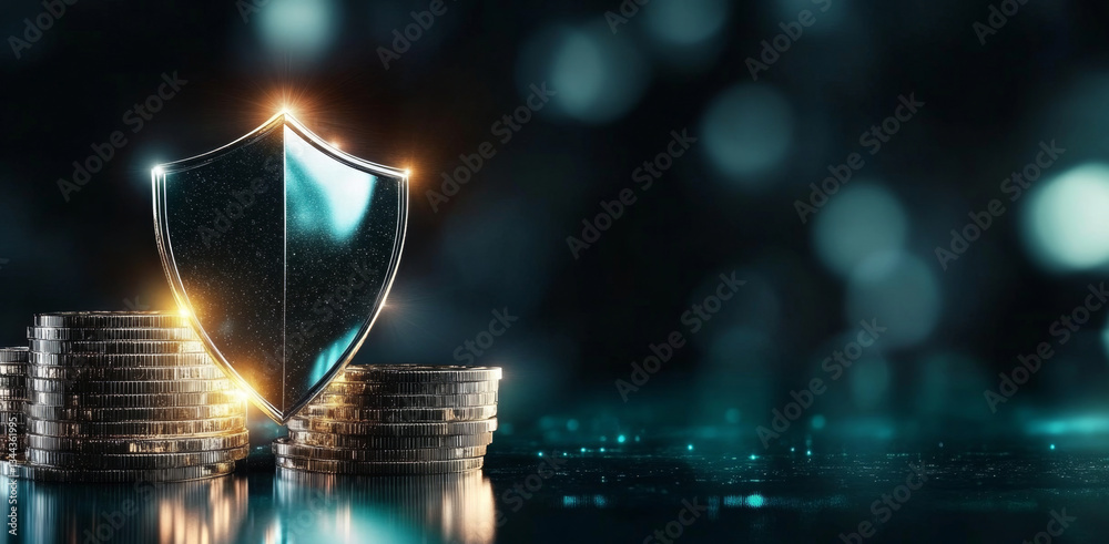 Leinwandbilder a reflective shield stands guard over several stacks of coins, representing the importance of securi